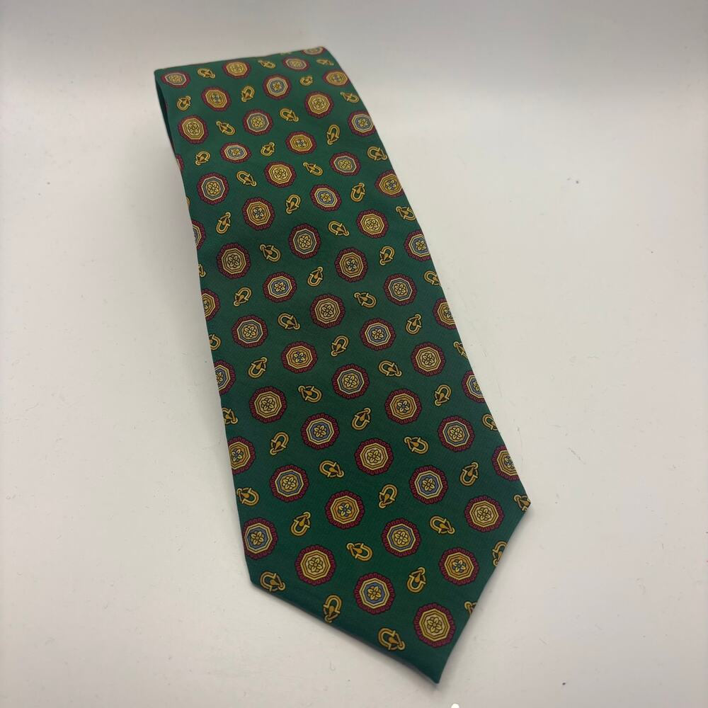 Vintage Artesia Paris Mens Silk Tie Green Medallion Geometric Made France